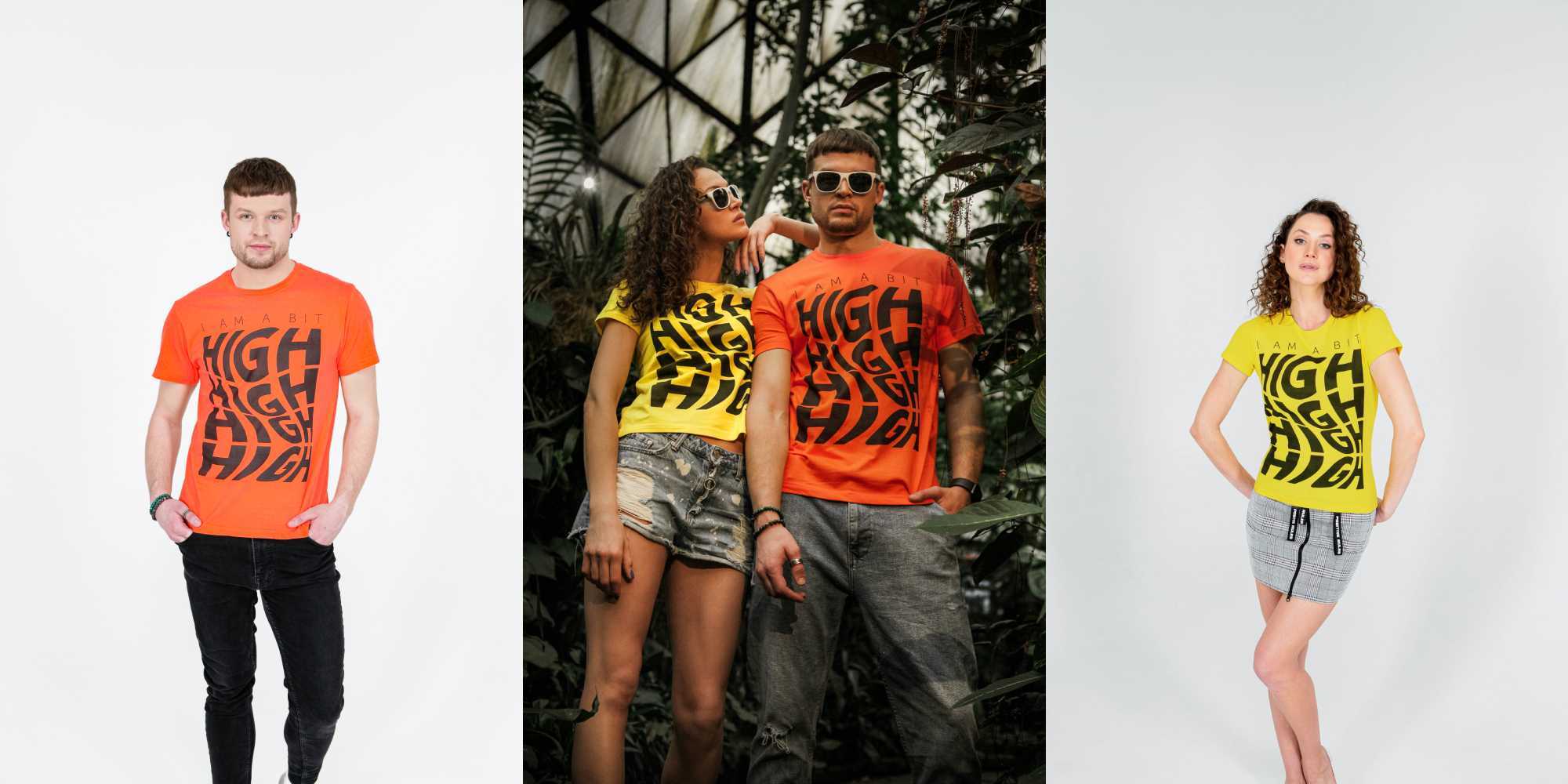Cannabis apparel new, girl and boy in weed themed tee shirts