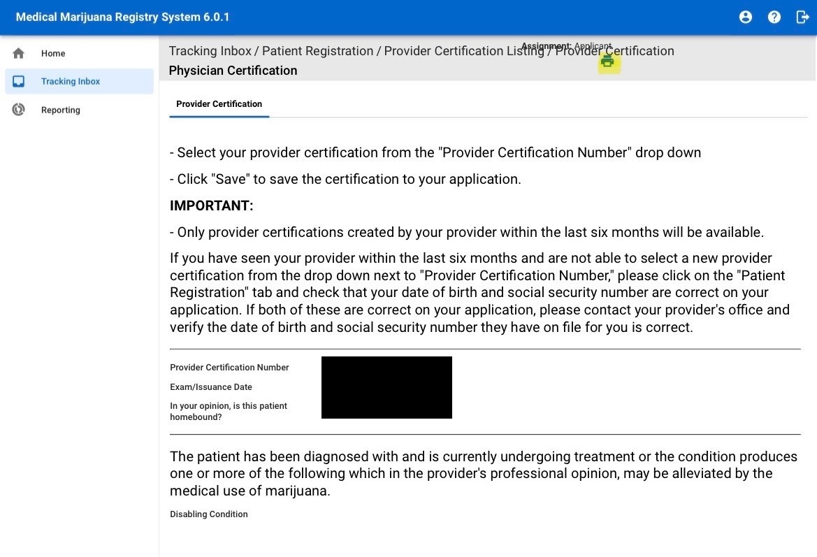 Physician Certification Form Access Screenshot