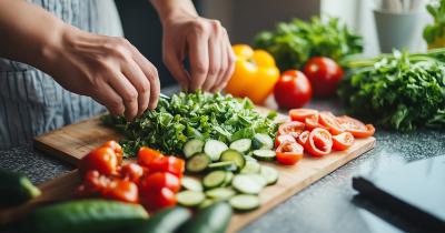 Woman's hands chopping vegetables (cucumbers, tomatoes and parsley) on a wooden board
