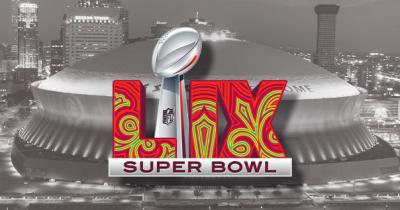 A collage with a logo of the Super Bowl LIX and the New Orleans' Superdome stadium in the background