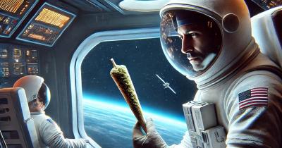 An AI generated image of an austronaut on a spaceship holding and looking contemplatively at a bigger than life prerolled joint as if thinking to light it or not.